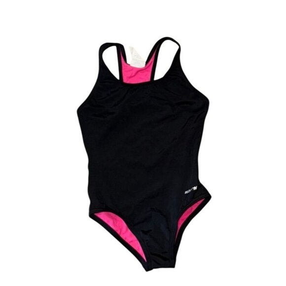 Sporti Girls Swim Suit Medium 7/8 Black & Pink Polyester One-Piece Racerback - Picture 1 of 4